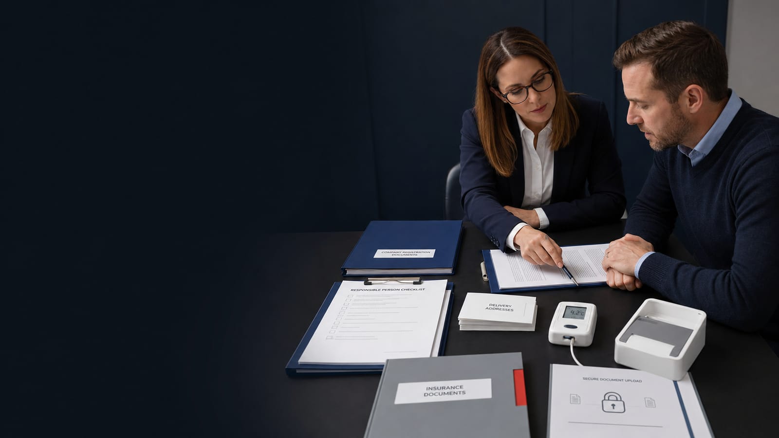 Compliance professional and applicant reviewing company, responsible-person and document requirements
