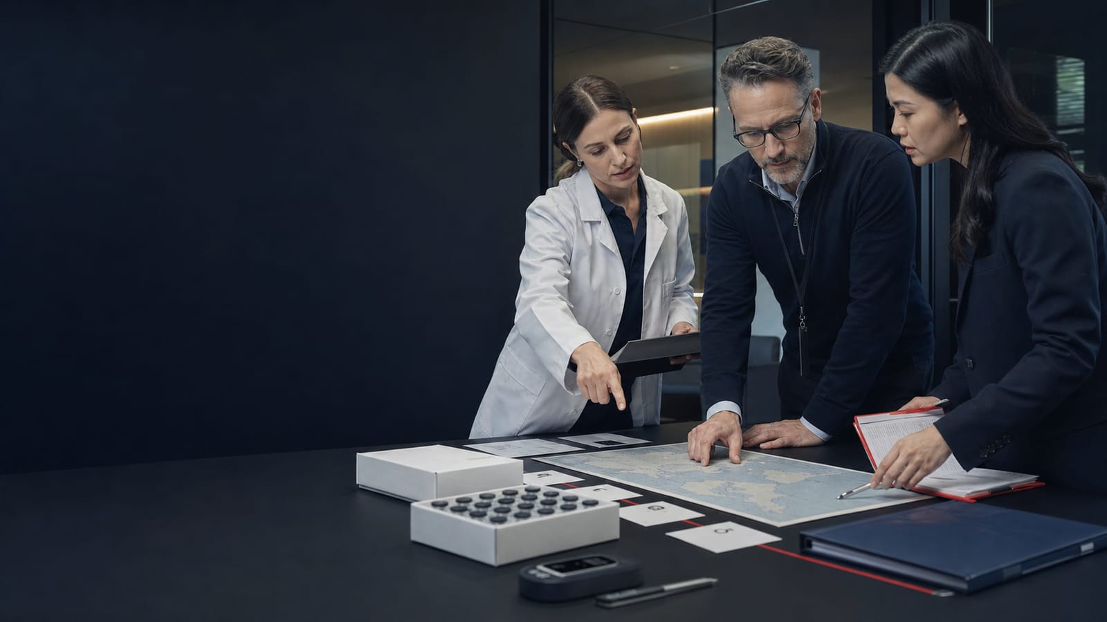 Scientific, quality and commercial professionals reviewing a pharmaceutical launch-readiness workflow