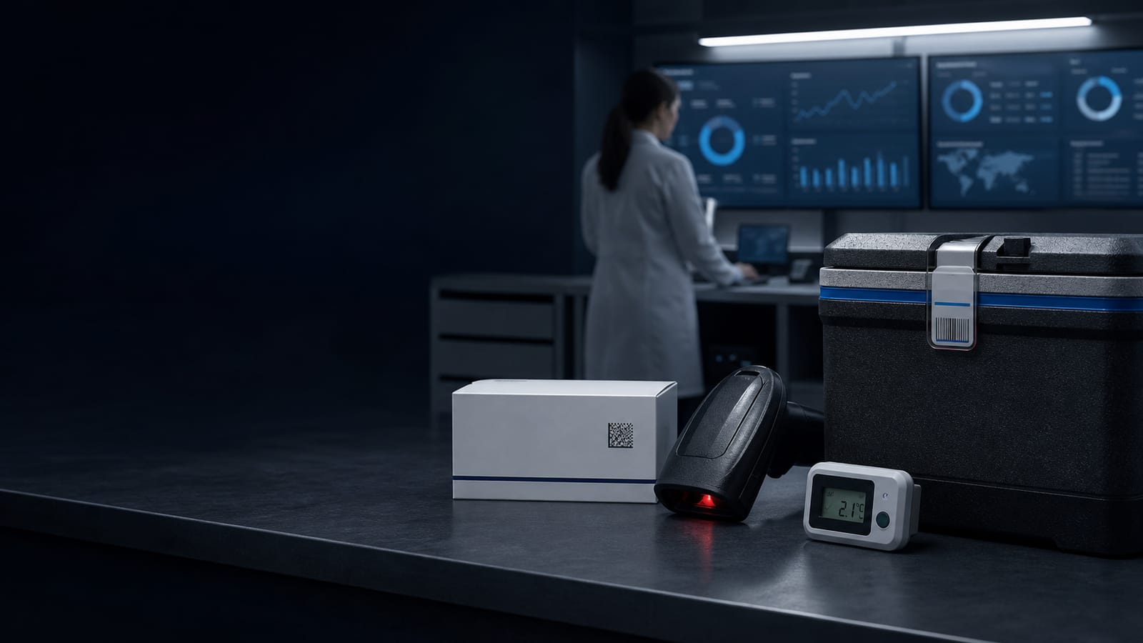 Unbranded medicine carton, barcode scanner, temperature logger and secure transport case in a controlled digital workflow