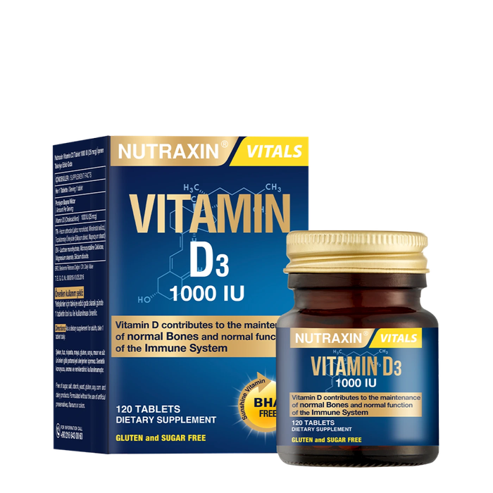 Nutraxin Vitamin D3 1000 IU box and 120-tablet bottle