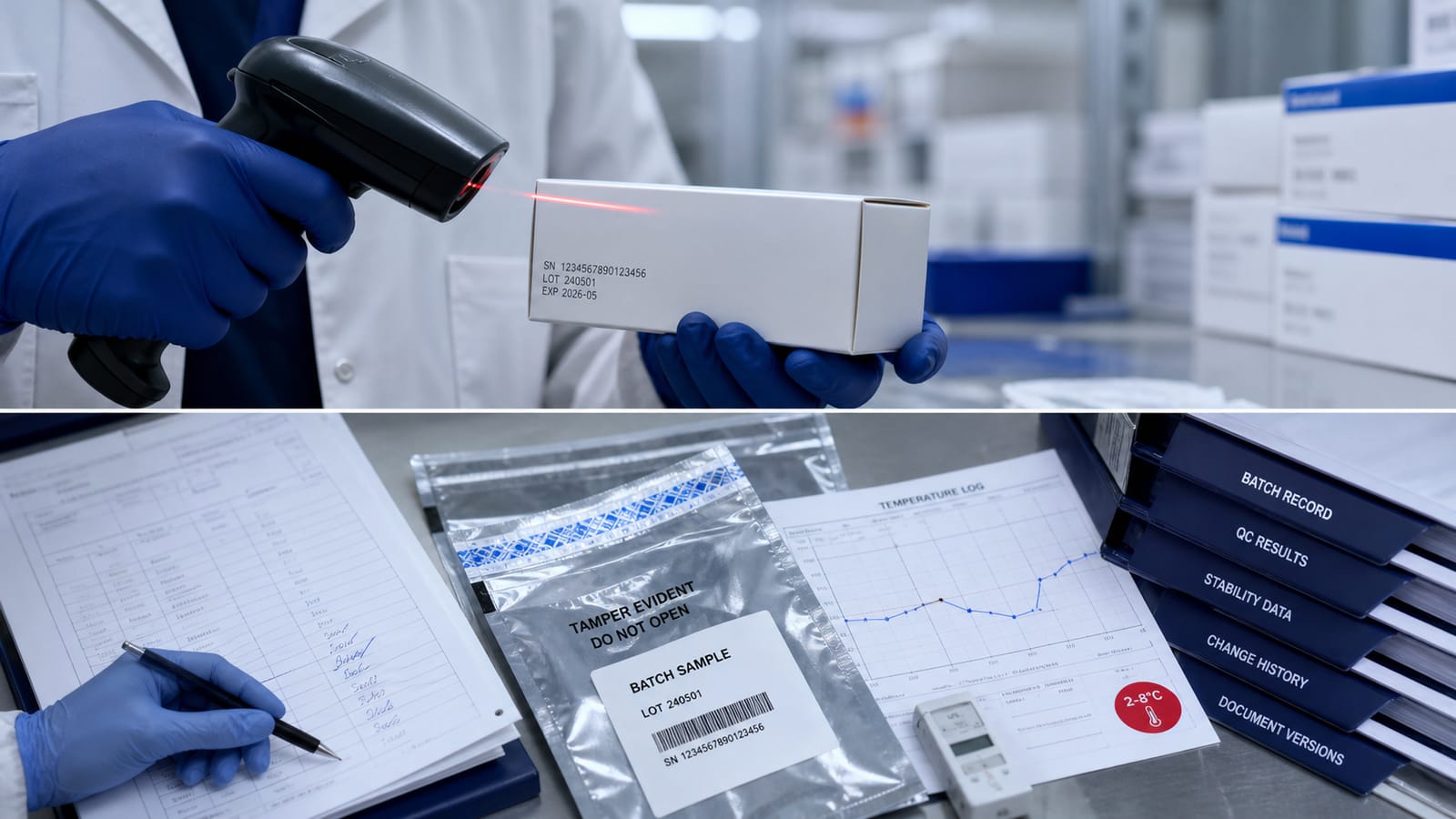 Quality specialist scanning neutral batch packaging beside temperature, sample and document records