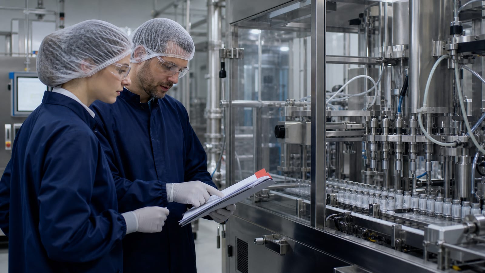 Quality and manufacturing specialists reviewing a pharmaceutical filling line and process dossier