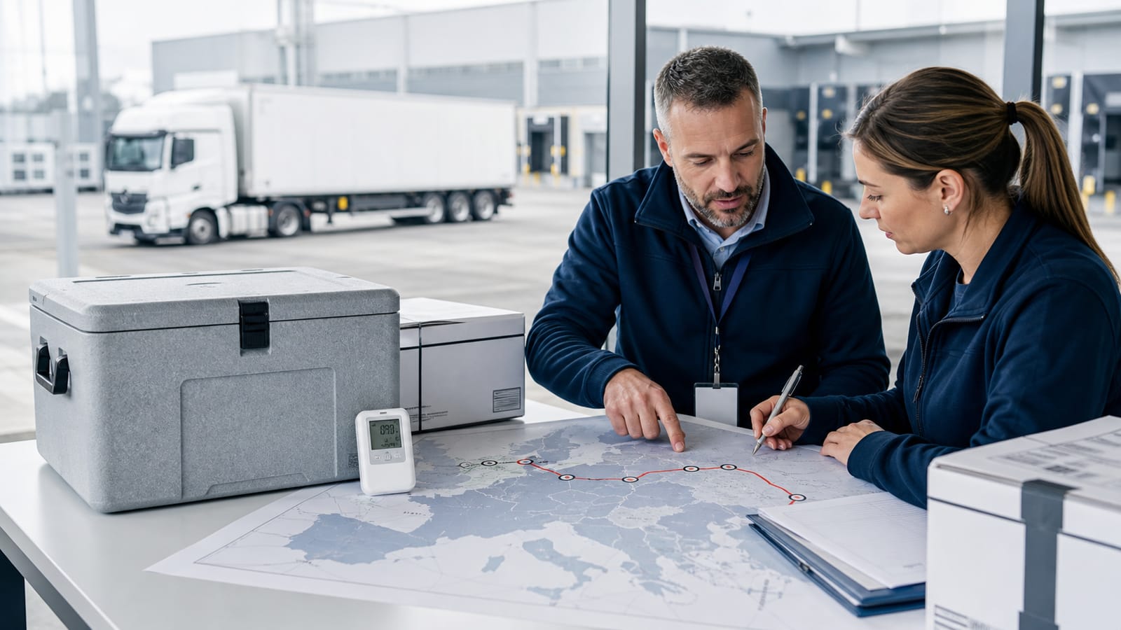 Logistics and quality professionals reviewing a European route beside insulated transport packaging